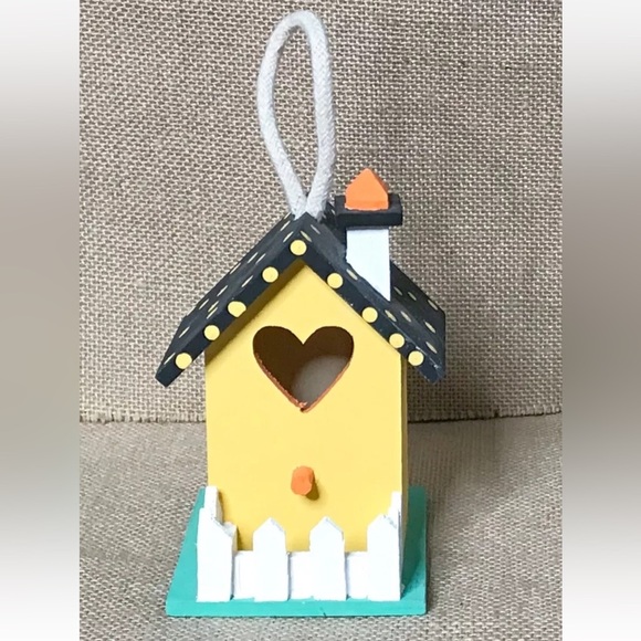 Handmade Yellow Black Polka Dot Wood Birdhouse Ornament Decor Whimsical Playful - Picture 1 of 6
